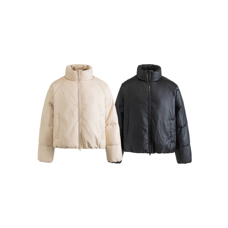 GUDUNING日系荔枝纹立领宽松新国标90白鸭绒短款保暖皮羽绒服A160