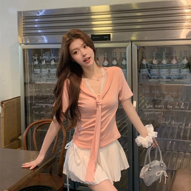 纯棉法式蕾丝拼接v领短袖女夏季高级感蝴蝶结绑带收腰遮肉上衣潮