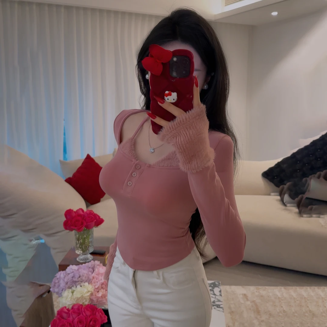 迈沃格显瘦长袖拼接百搭女装上衣长袖T恤气质ins设计感纯欲挂脖