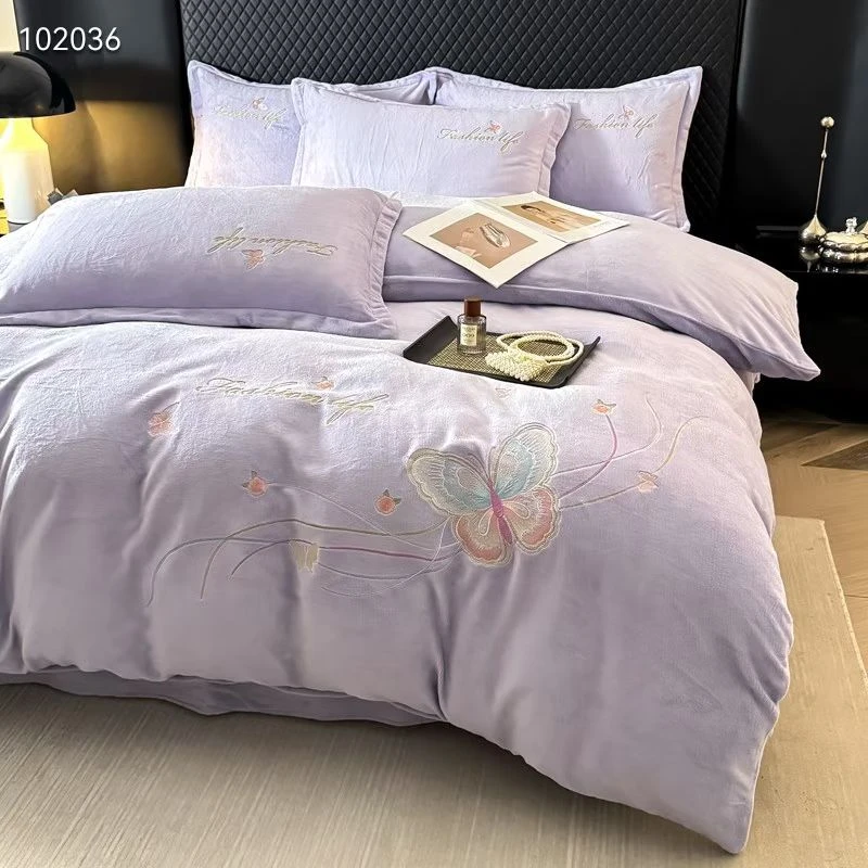 简约汉麻蝶恋花四件套贴布合格品牛奶绒床品套件加厚