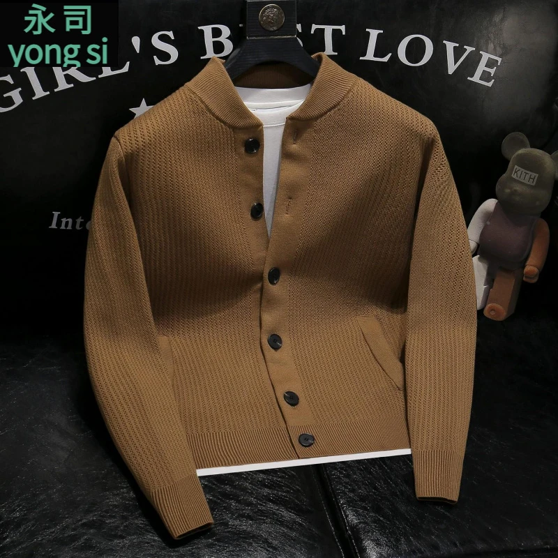 2025秋冬新款纯色立领针织开衫夹克男士休闲风格百搭针织衫亨利领