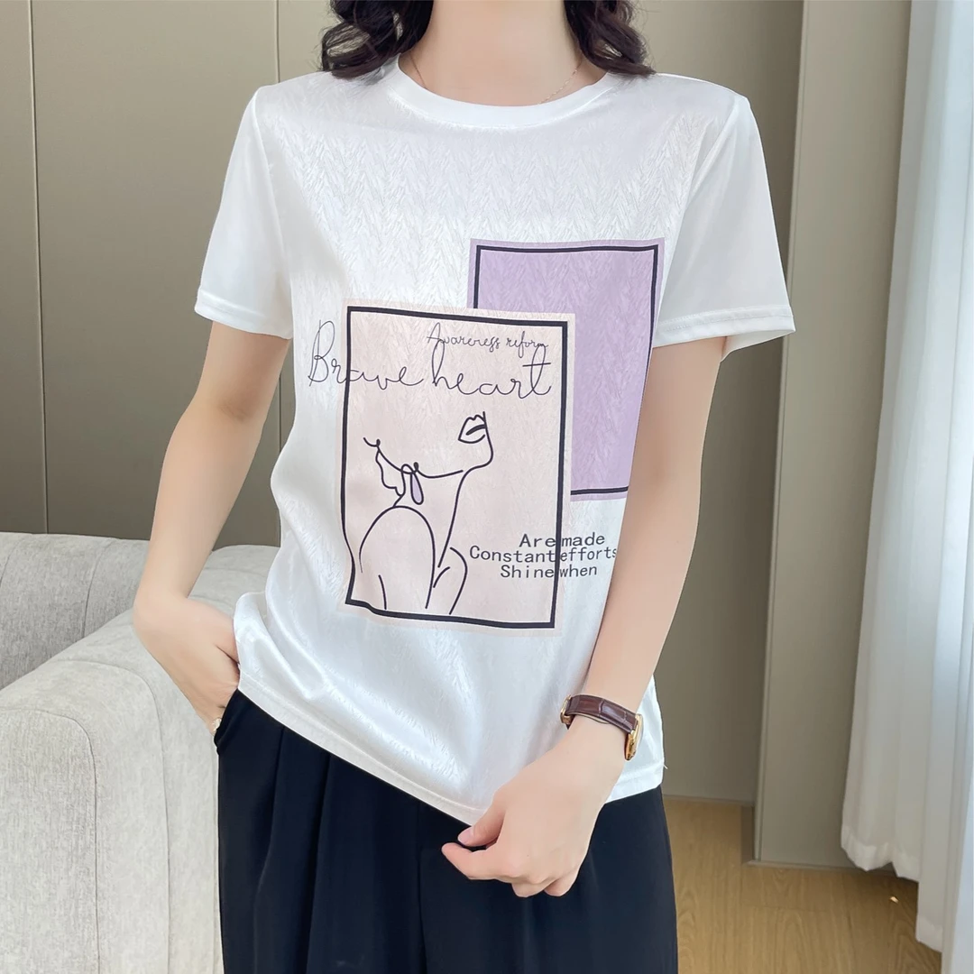 1405夏丝滑缎面冰凉感女半袖T恤洋气AB拼接短袖