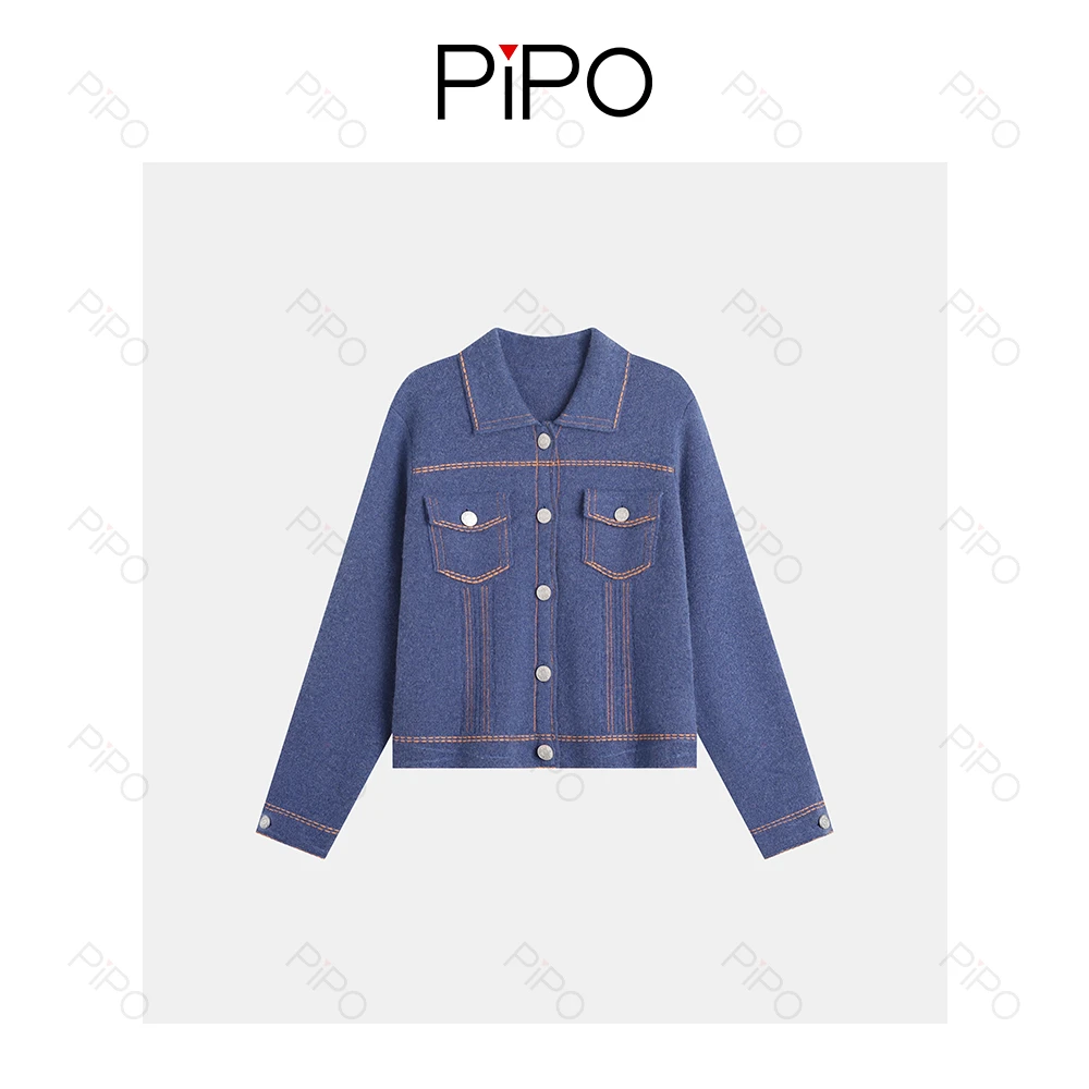 PIPO【绵羊毛+山羊绒】翻领女针织衫上衣DD54AA003
