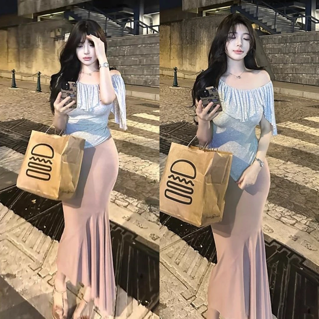 纯欲荷叶边性感露肩显瘦上衣+人鱼曲线不规则下摆包臀鱼尾半裙女