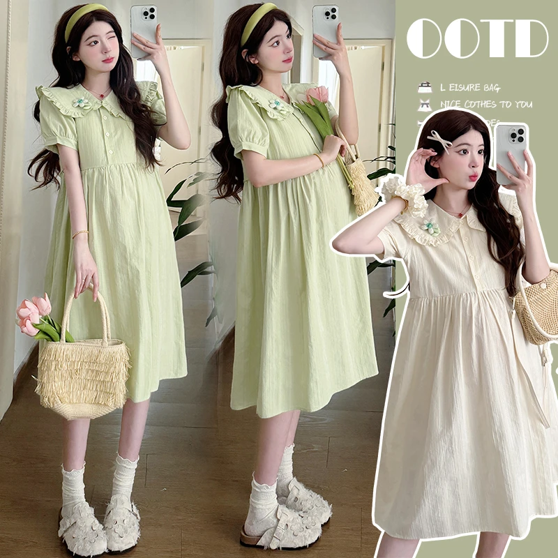 孕妇夏装夏新款减龄气质娃娃裙可开扣哺乳送胸针显瘦高腰连衣裙子