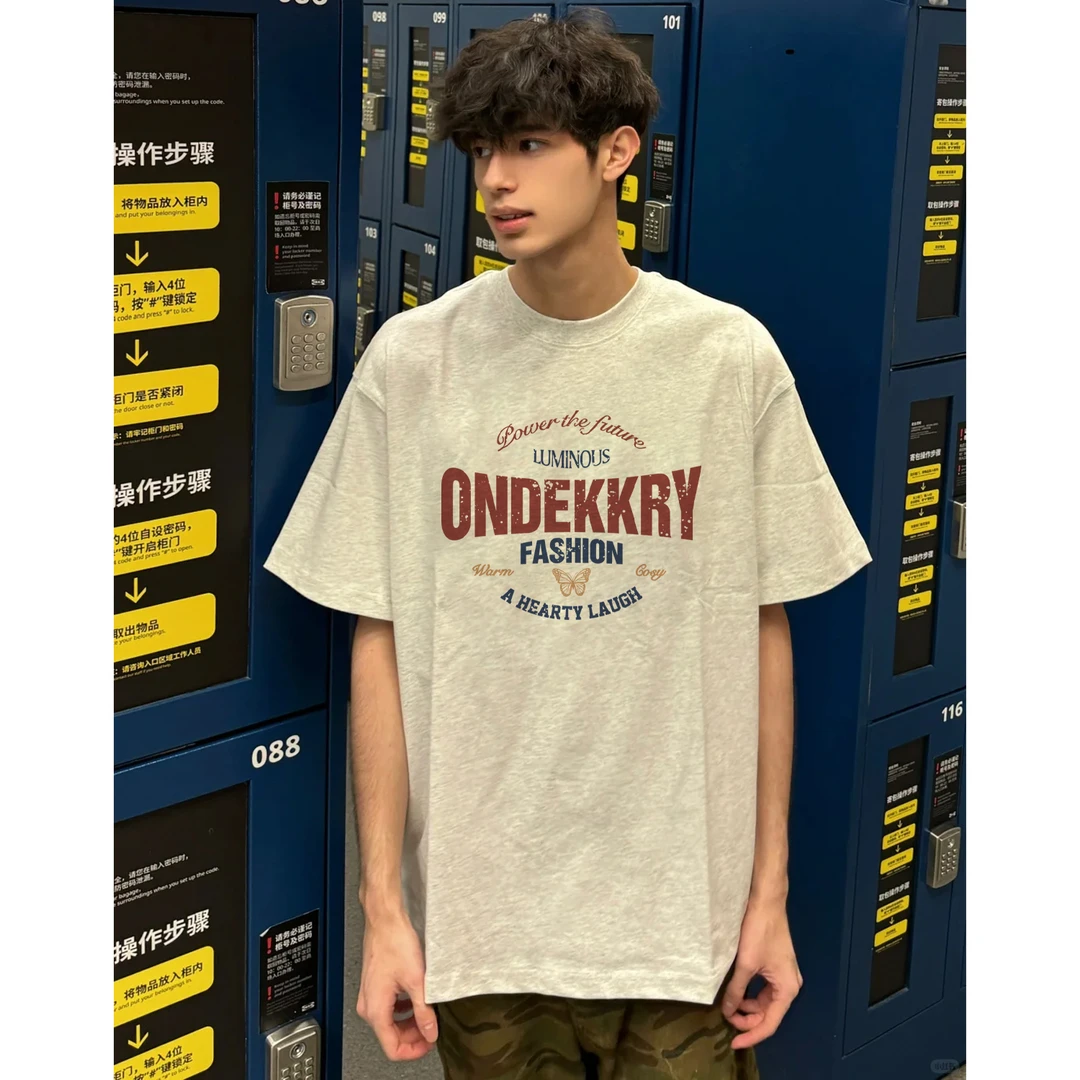 100%纯棉美式复古设计感字母印花短袖t恤男女夏季休闲情侣款上衣