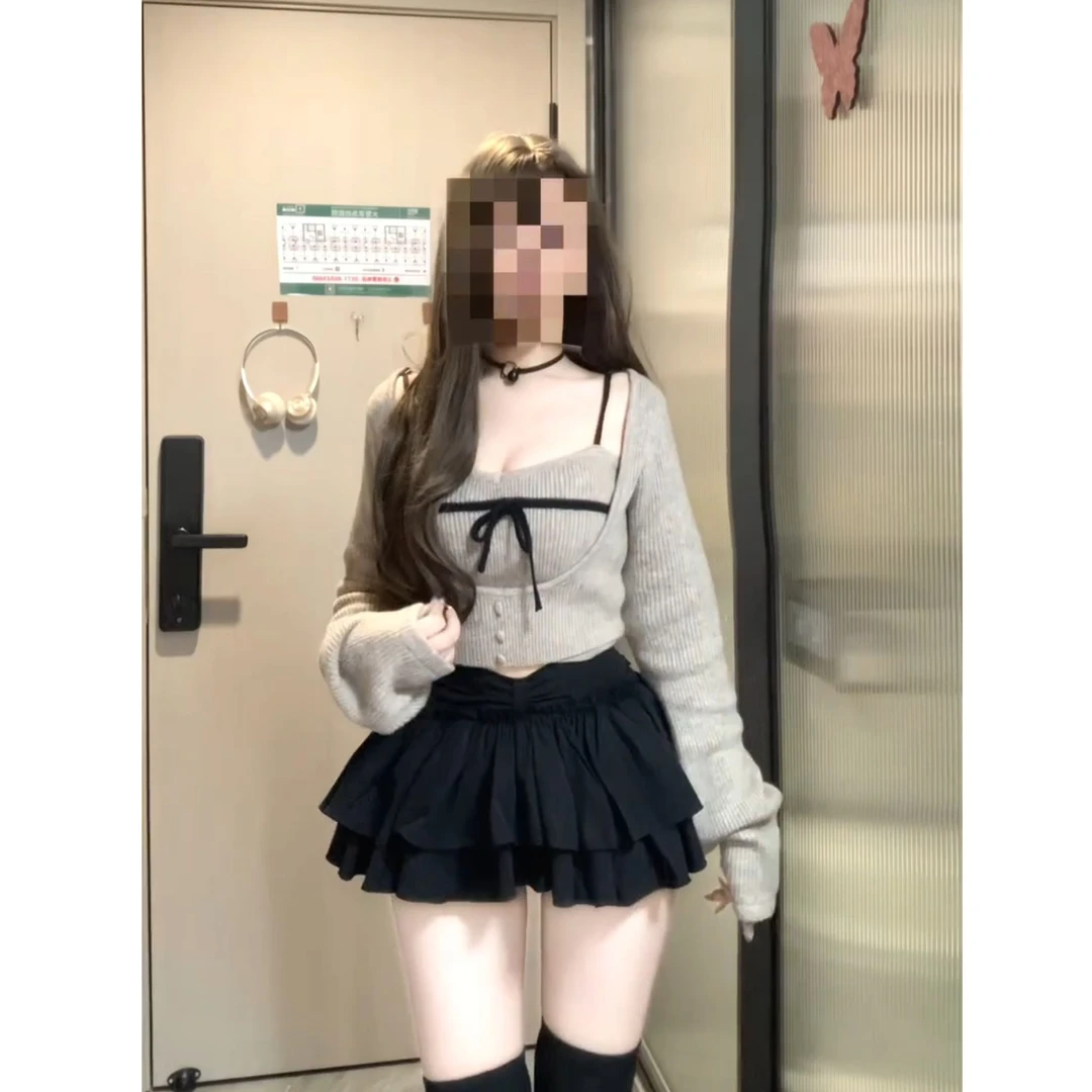 韩系修身灰色假两件洋气别致针织长袖上衣半裙套装高级感X11186