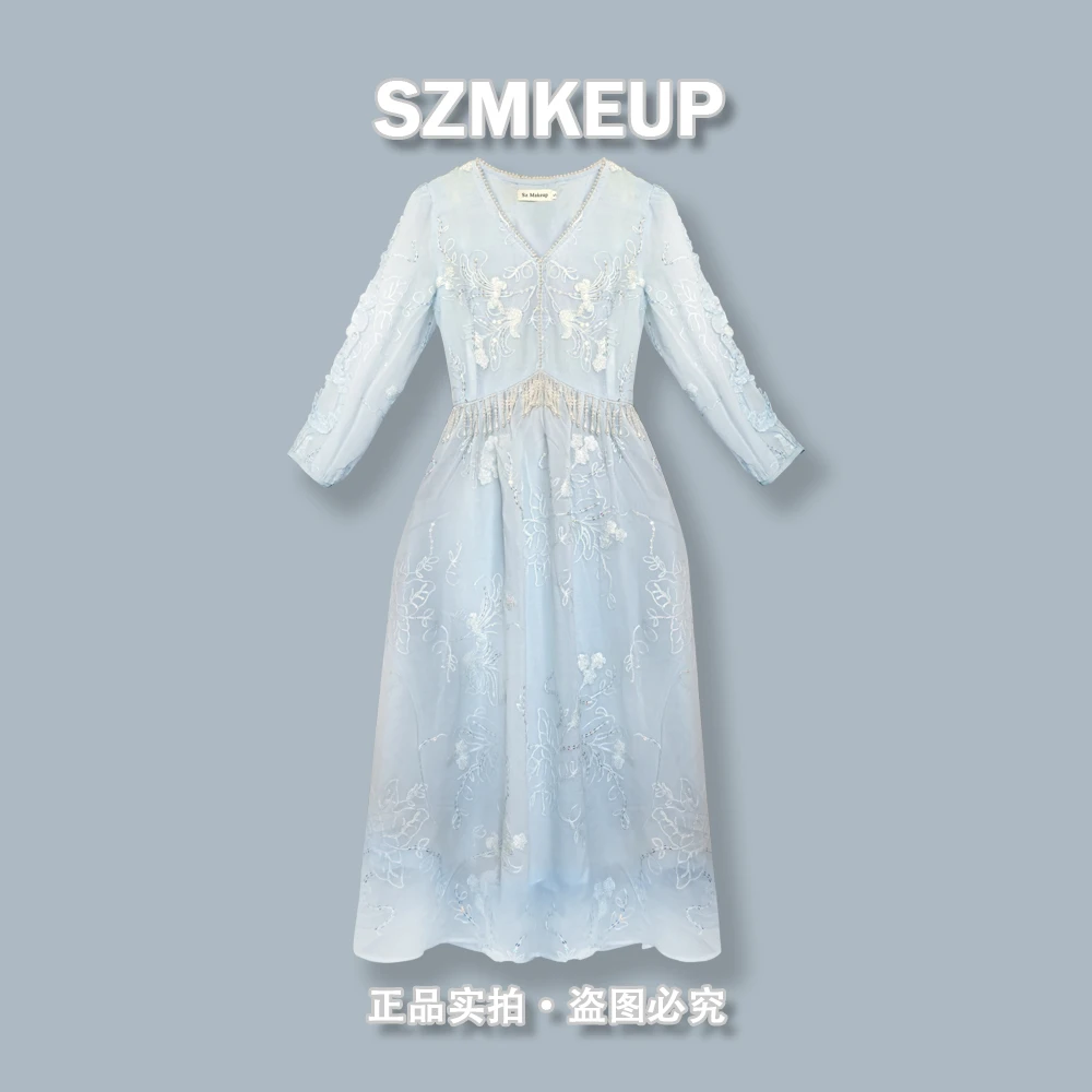 连衣裙女设计感2025新款气质中长款显瘦重工刺绣连衣裙P612