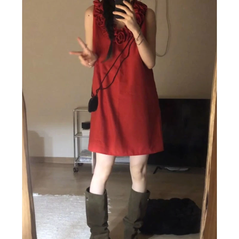 纯欲辣妹风立体花朵设计感背心裙女夏季高腰气质显瘦吊带连衣裙潮