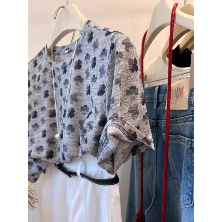 【韩系四叶草】印染软糯薄款胖MM夏季新款圆领宽松短袖T恤上衣女