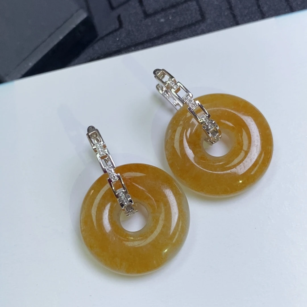 翡翠18K金镶嵌耳饰链条耳包➕黄翡甜甜圈