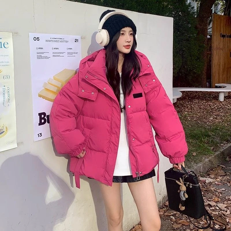 火龙果色冬季加厚保暖连帽宽松大码小个子棉服外套女百搭面包服潮