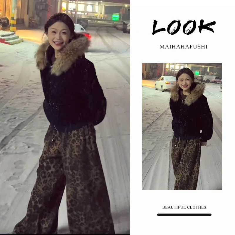 秋冬一整套女装2025新款韩版简约慵懒风连帽外套豹纹阔腿裤两件套