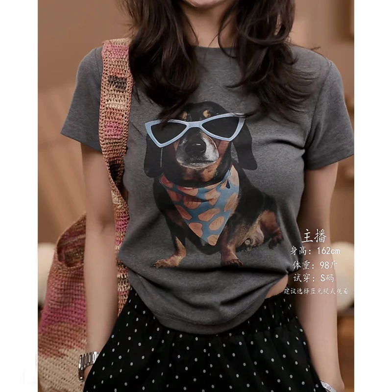 【墨镜狗】夏季女款卡通圆领短袖打底T恤女印花时尚宽松百搭上衣潮