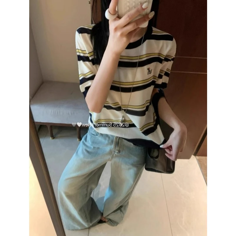韩系圆领条纹冰丝针织衫女夏季薄款显瘦宽松上衣气质减龄短袖t恤