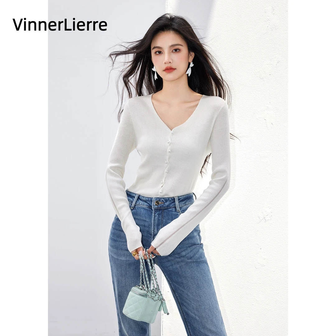 薇妮诺修身显瘦v领针织开衫上衣内搭打底长袖毛衣女春装