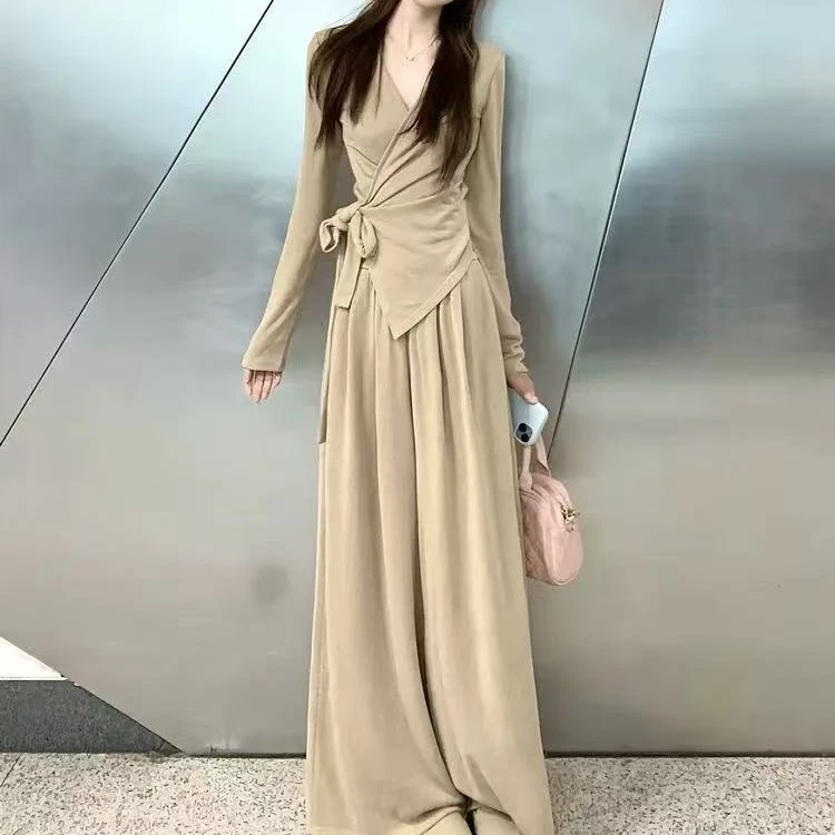 法式纯欲小众设计感不规则绑带v领长袖上衣女休闲阔腿裤两件套