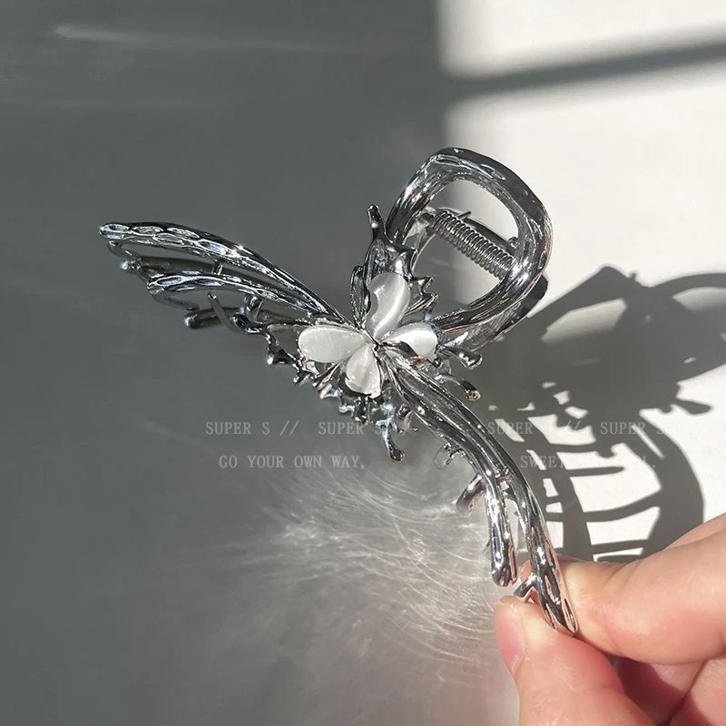 高档蝴蝶猫眼石抓夹鲨鱼夹ins高颜值后脑勺抓夹铁金属盘发夹头饰.