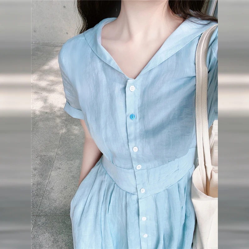 短袖蓝色衬衫v领连衣裙女冬2025新款小个子气质收腰显瘦长裙3580