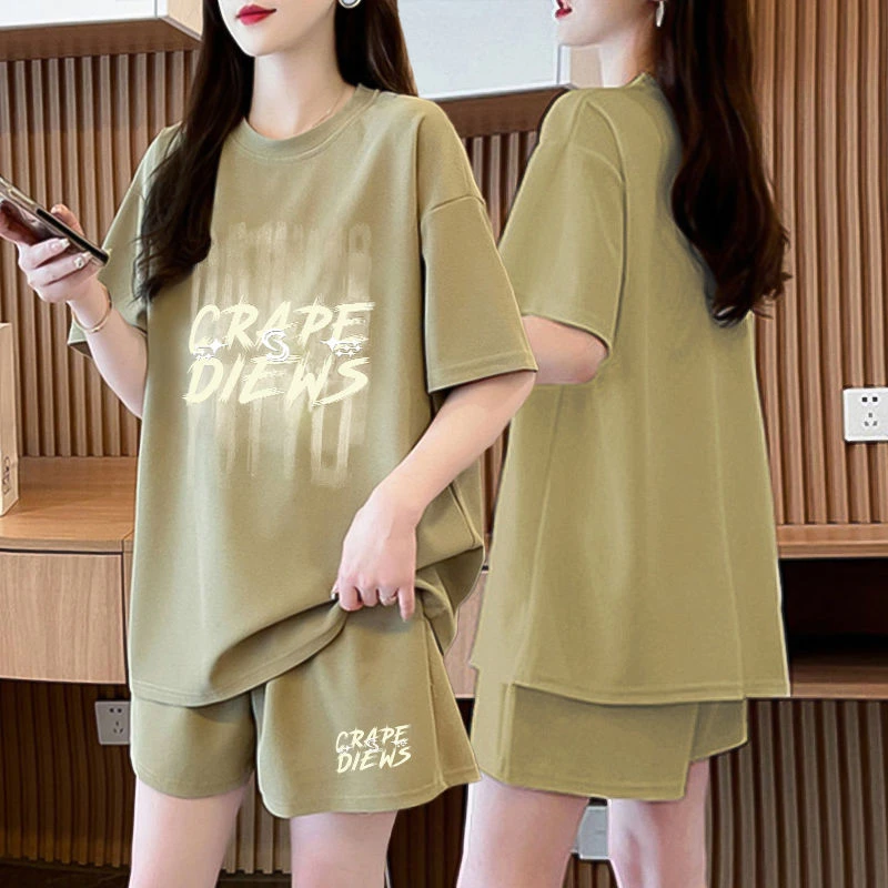 休闲百搭网红纯棉显瘦大码运动套装女夏季新款韩版短袖短裤两件套