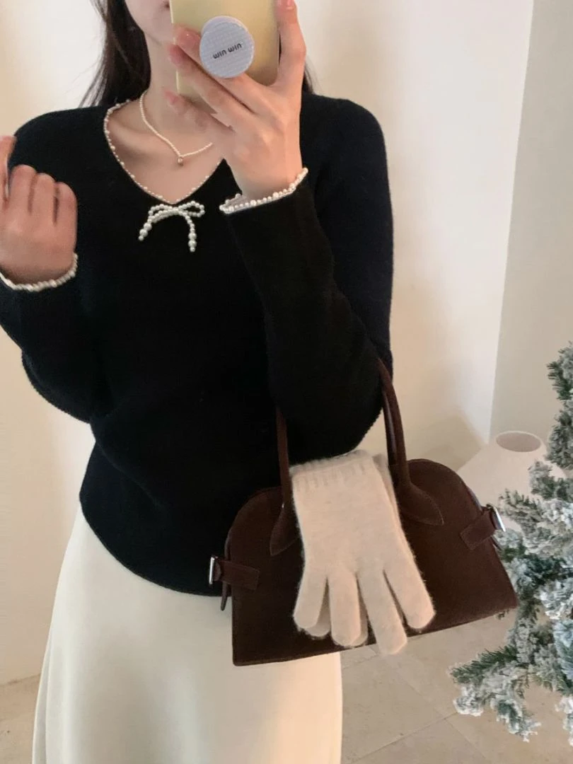 【素简.950198】秋冬100绵羊毛宝藏上新领圈珍珠蝴蝶结羊毛衫