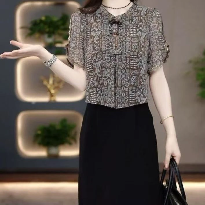 5320#假两件雪纺连衣裙女2025夏季新款遮肚显瘦时尚宽松裙子