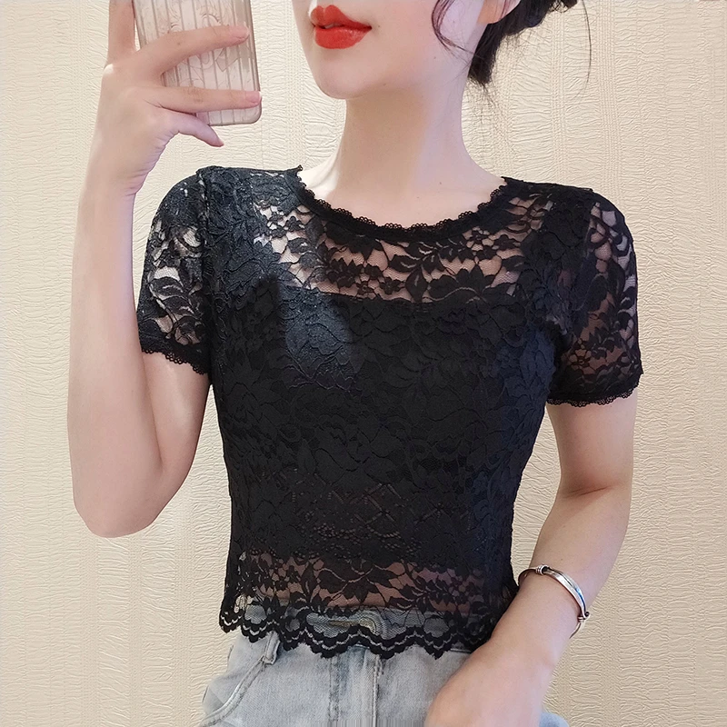 搭配吊带裙内搭蕾丝短袖t恤女轻薄网纱镂空打底小衫短款小众上衣