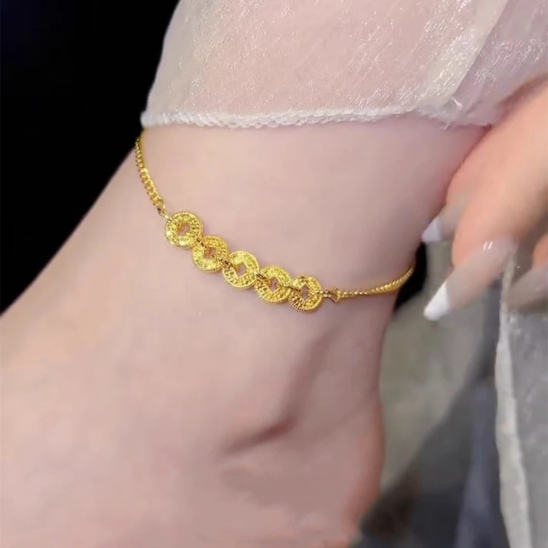 钛钢脚链 轻奢小众复古风金色五帝钱脚链女新中式碎碎冰百搭足链