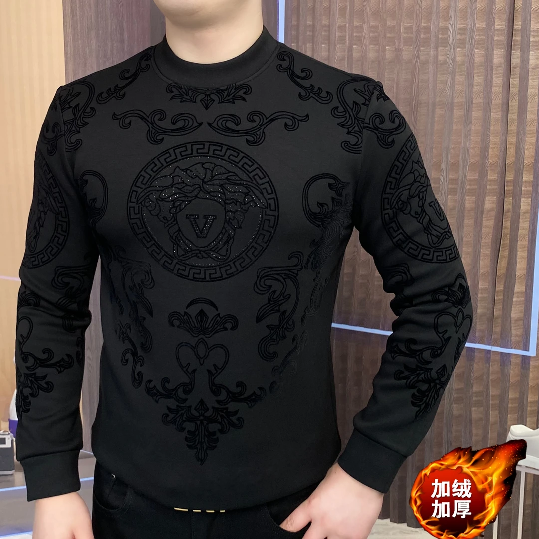 植绒男士黑色轻奢长袖圆领美人上衣加绒保暖秋冬百搭时尚CLY-37