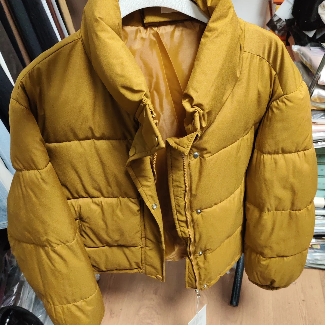 韩版加绒加厚款宽松短款宽松型黄色立领女士