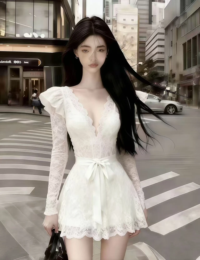 秋冬新款纯欲风白色蕾丝深V领长袖套头修身收腰蝴蝶结系带连衣裙