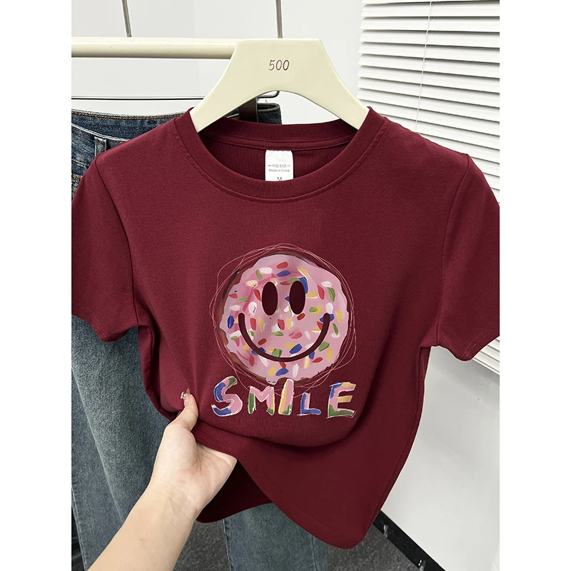 笑脸印花酒红色短袖t恤女2025新款春夏季时尚正肩显瘦圆领上衣服