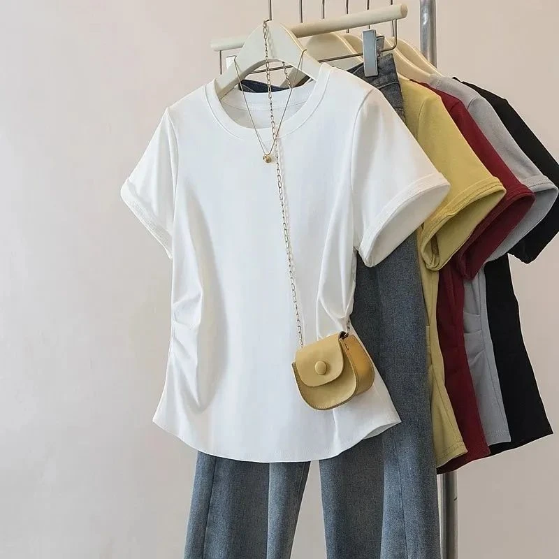 标准短袖纯色韩版不规则胖mmT恤短款不规则宽松百搭显瘦修身ins