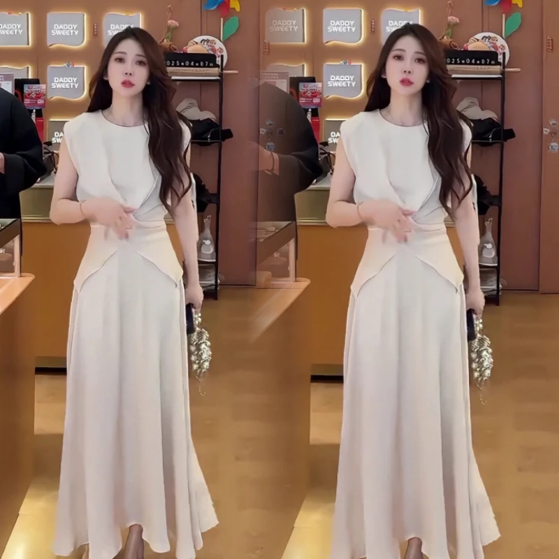 气质垂感不规则开叉上衣套装女夏季收腰短袖T恤+显瘦高腰阔腿裤