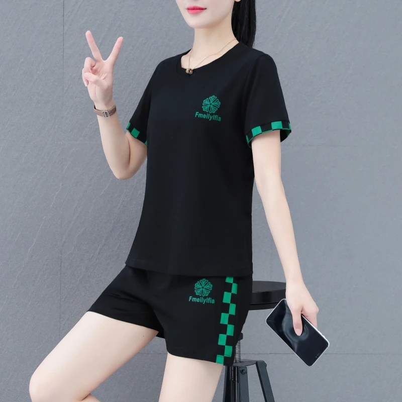 纯棉休闲运动服套装女2025新款夏季妈妈装洋气短袖短裤两件套薄款