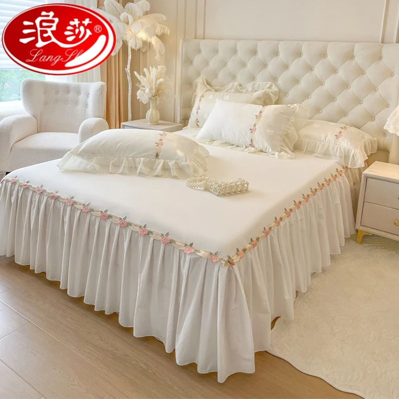 【浪莎品牌】高级感公主风贡缎全棉床裙单件100纯棉床单床罩三件套