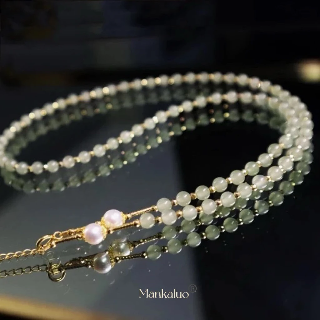 【花涧泠·甄】天然高冰和田玉18k金时尚设计款强光珍珠百搭万能项链