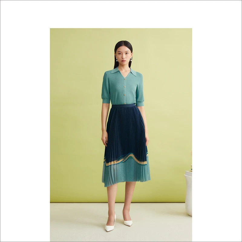 YINER音儿夏季新款时尚气质复古撞色优雅百褶半身裙8C34250210