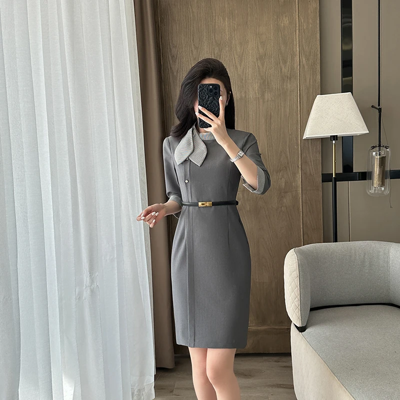 气质连衣裙女春夏新款七分袖时尚轻奢设计感珠宝店美容师工作服