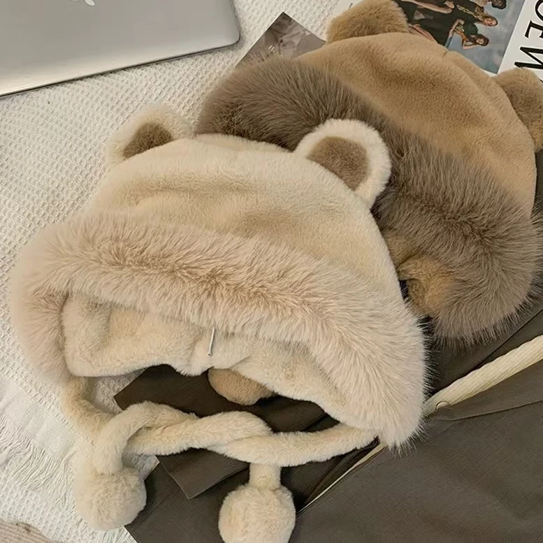 可爱小熊耳朵拼色毛绒雷锋帽子女秋冬季加厚保暖防风护耳帽