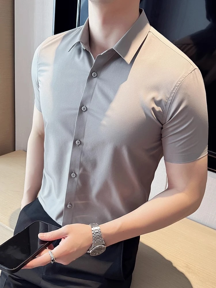 莱蒙璀男士衬衫夏季冰丝短袖无痕抗皱休闲商务修身高级感衬衣