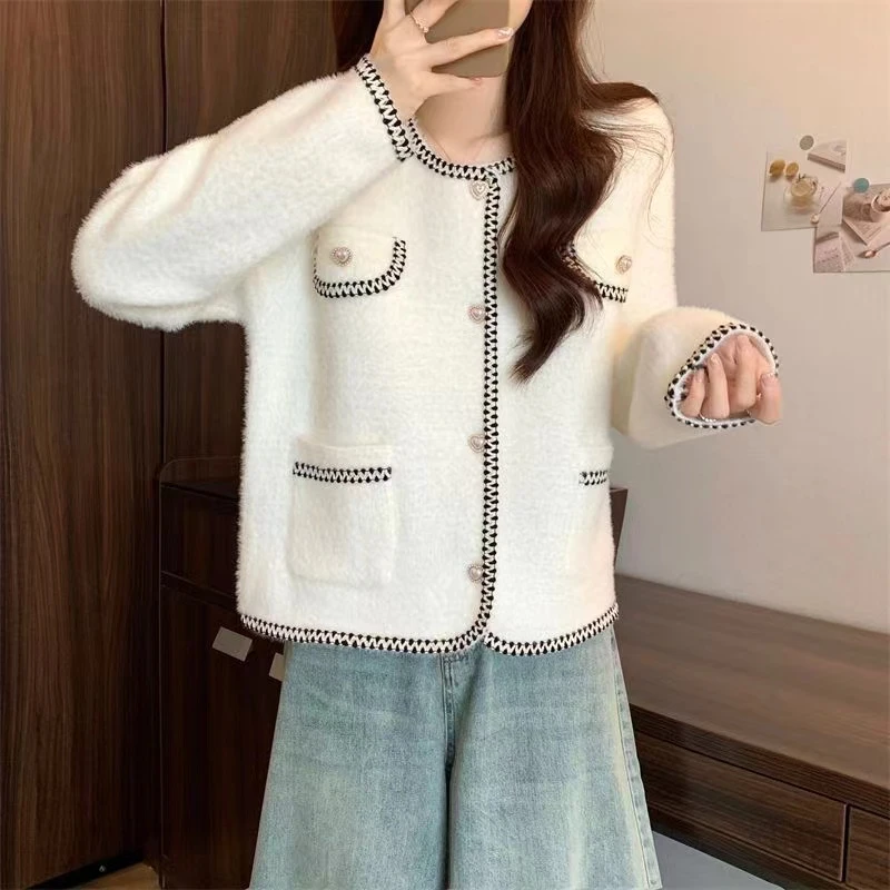 秋冬款纯色休闲气质百搭时尚圆领减龄慵懒小香风开衫宽松长袖