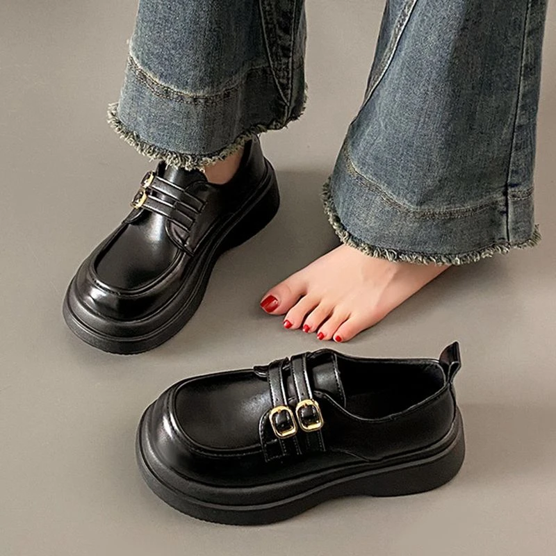 厚底增高小皮鞋女时尚2025春秋新款复古法式学院风懒人圆头乐福鞋
