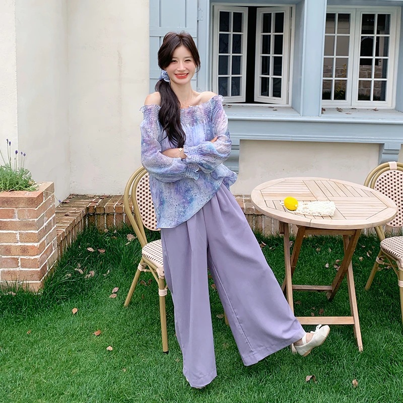 夏季新款韩版时尚套装一字领碎花小衫宽松显瘦阔腿裤套装两件套女