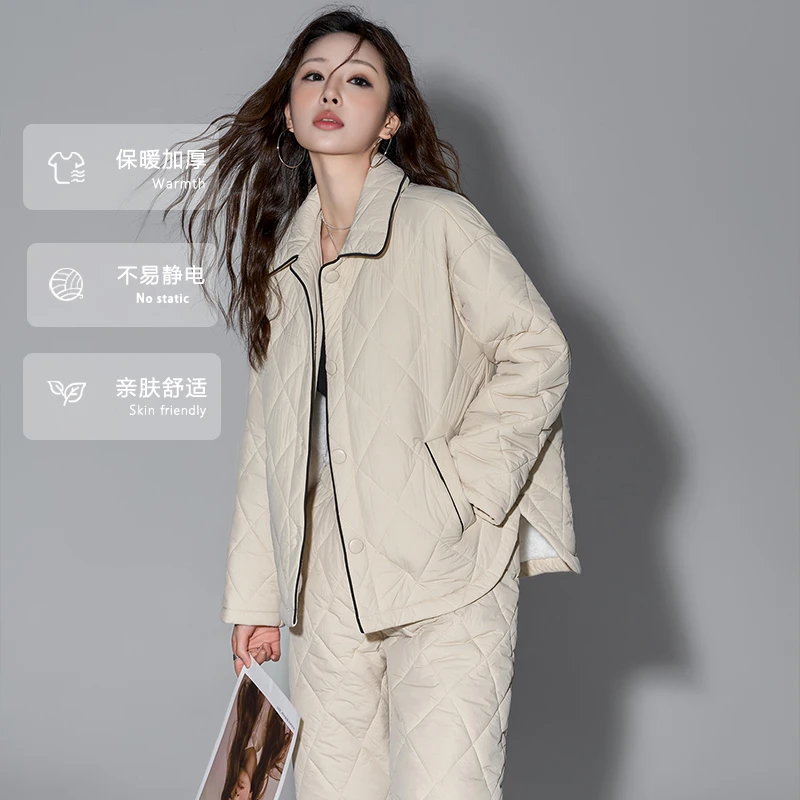 三层加厚夹棉睡衣女两件套保暖翻领时尚新款可外穿冬季加绒家居服