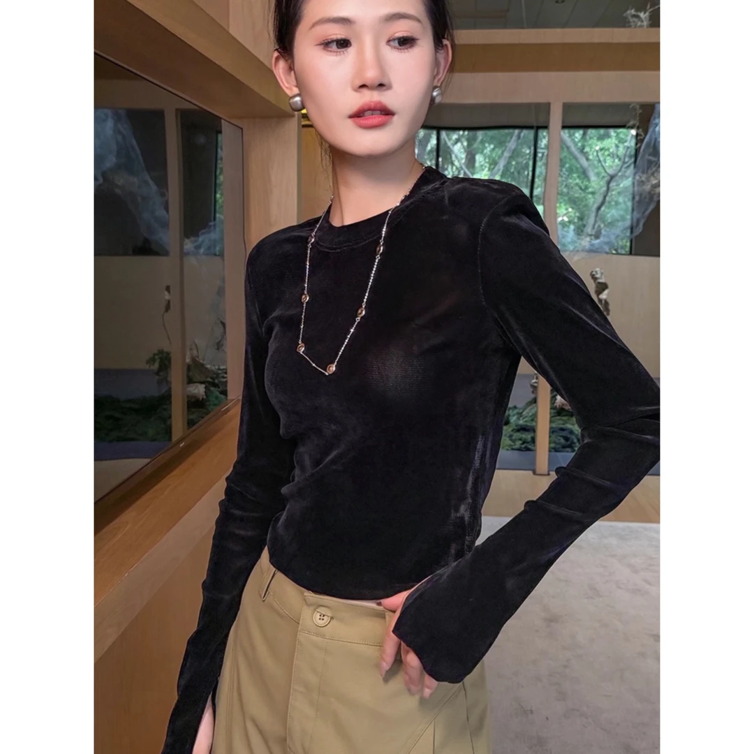 圆领丝绒黑色打底衫女2025新款秋冬垫肩长袖t恤内搭上衣气质显瘦