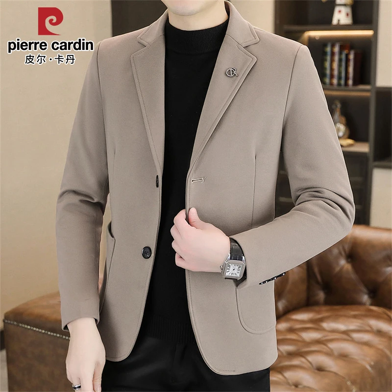 皮尔卡丹平驳领西服上装男士春秋季新款修身百搭休闲纯色西装外套