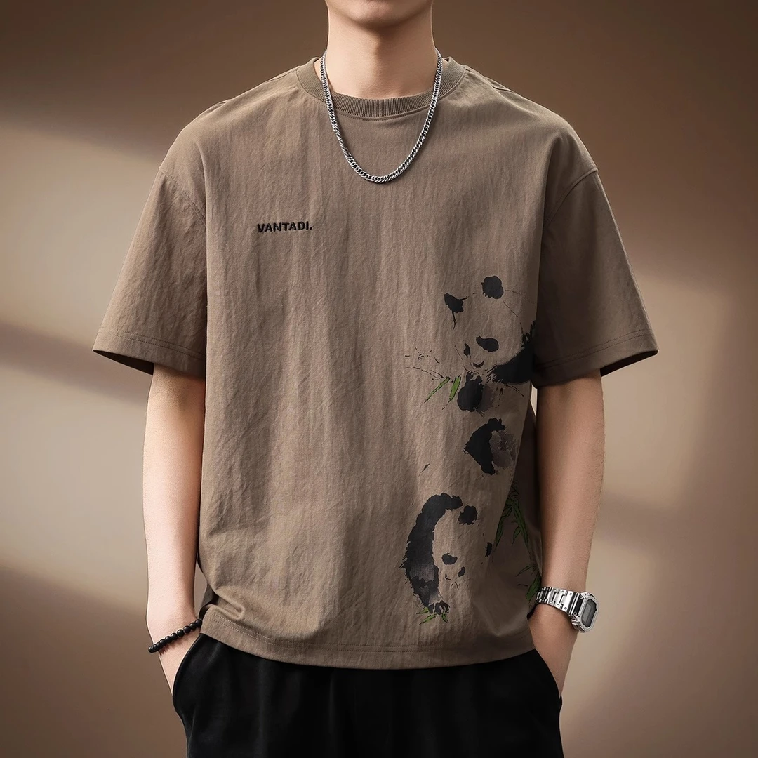 高端设计感亚麻熊猫印花短袖T恤男夏季新款宽松大码男士半袖体恤