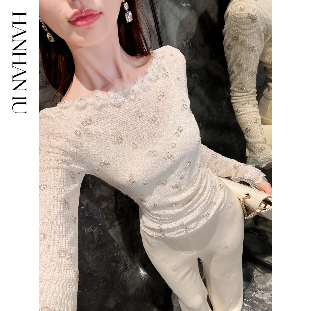 韩韩IU【恋恋冰花】时尚优雅精致花边领口显瘦收腰秋季新款女上衣
