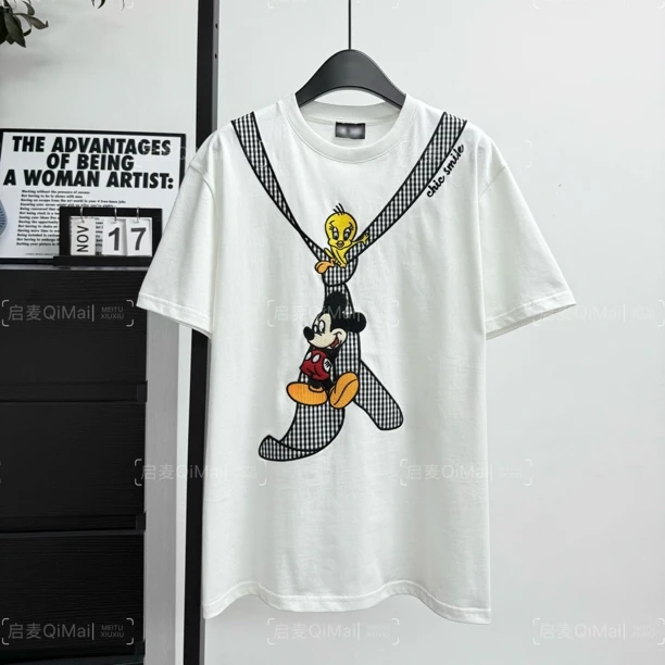 深圳南油高端女装迪士尼米奇小鸟T恤重工格纹织带卡通刺绣上衣